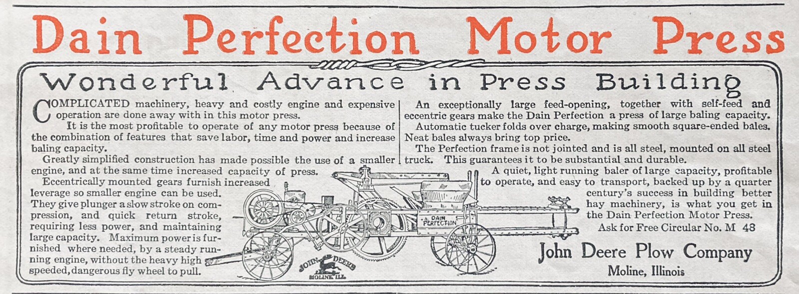 1912 AD.(XH64)~JOHN DEERE PLOW CO. MOLINE, ILL. DAIN PERFECTION MOTOR PRESS~~