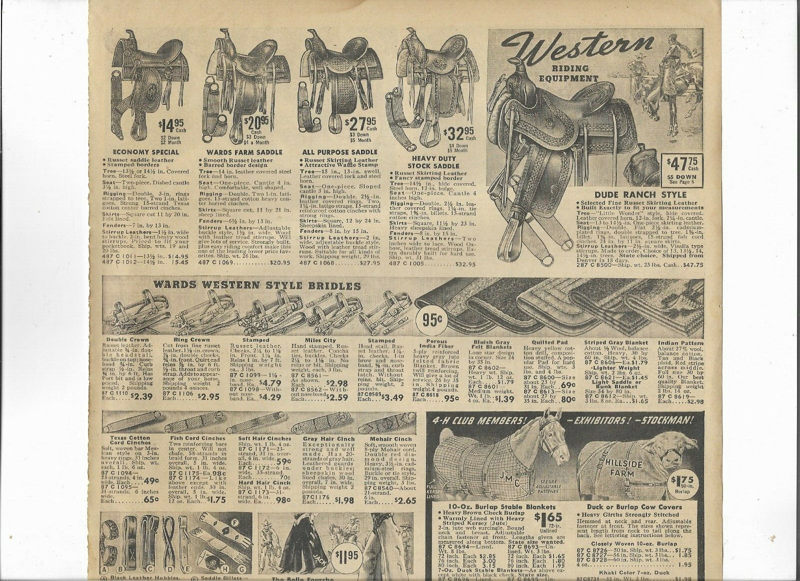 1938 Wards Catalog Ad Pages ENGLISH PARK SADDLE WESTERN BRIDLE PONY HORSE TANK