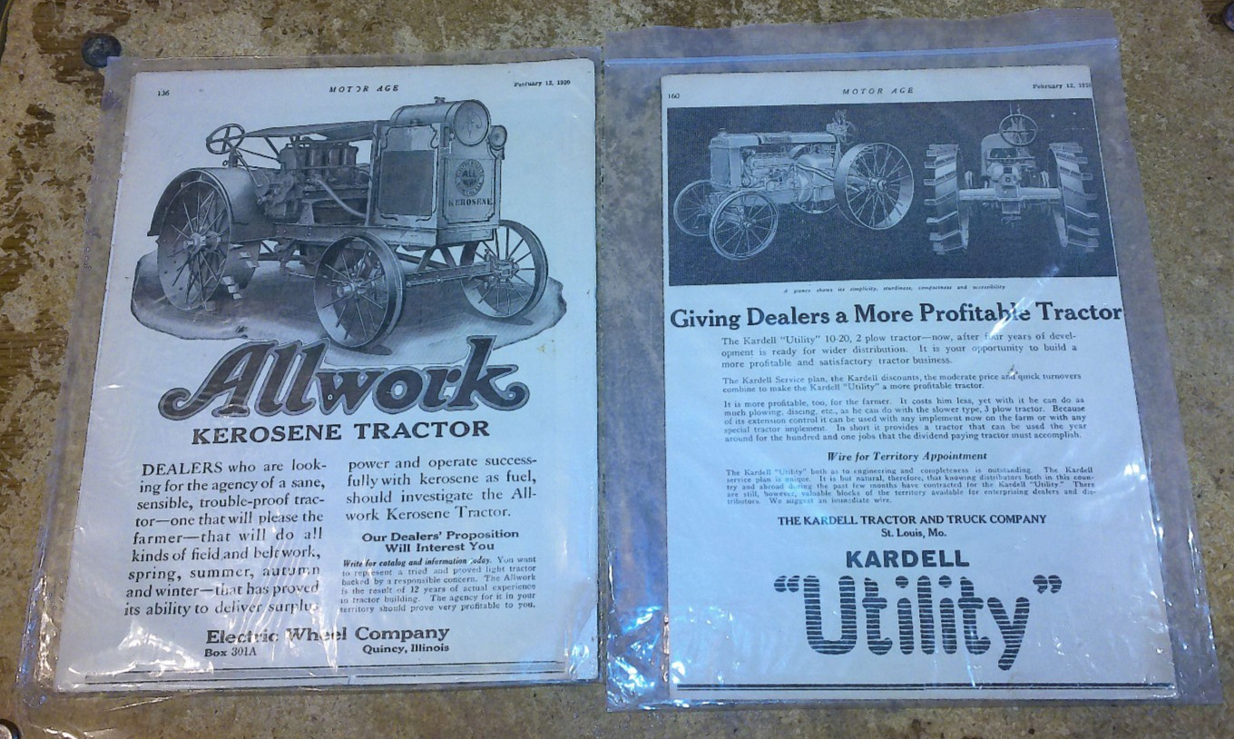 2-lot 1920 tractor magazine ads on cardboard in good shape used