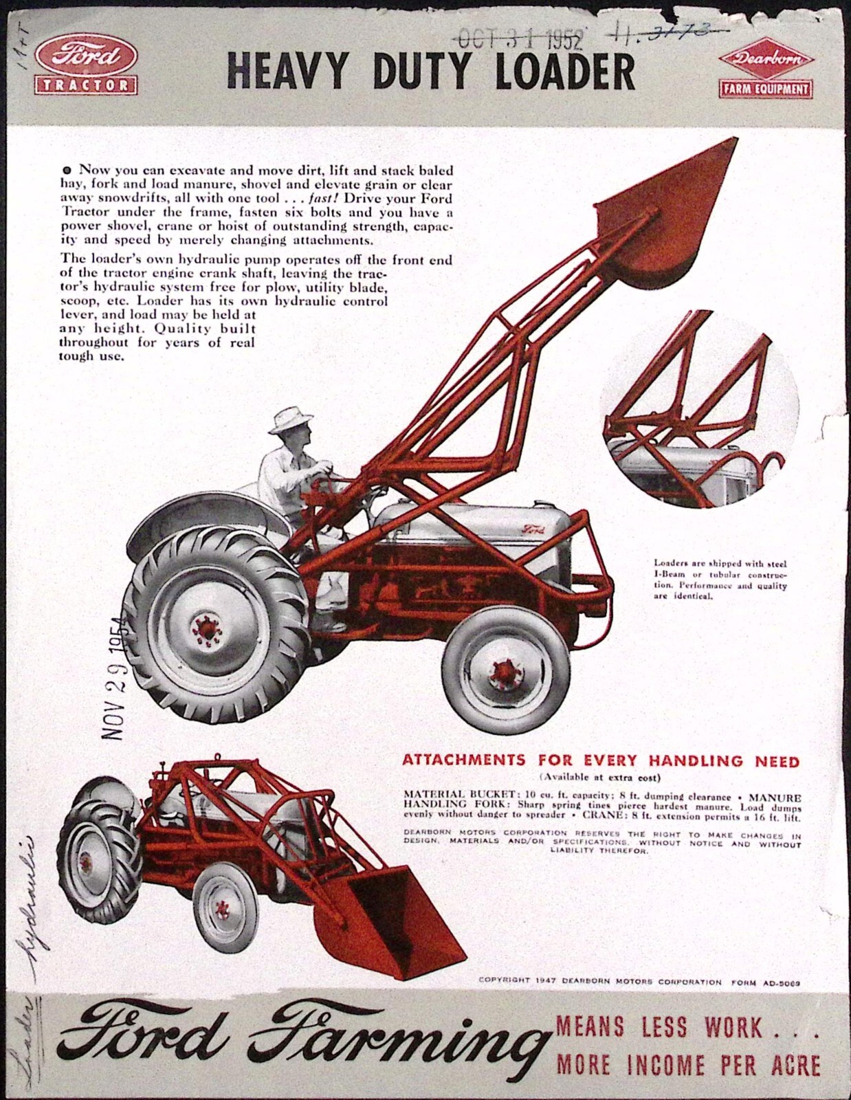 1954 Ford Farming Heavy Duty Loader Dearborn Farm Equipment Dealer Brochure