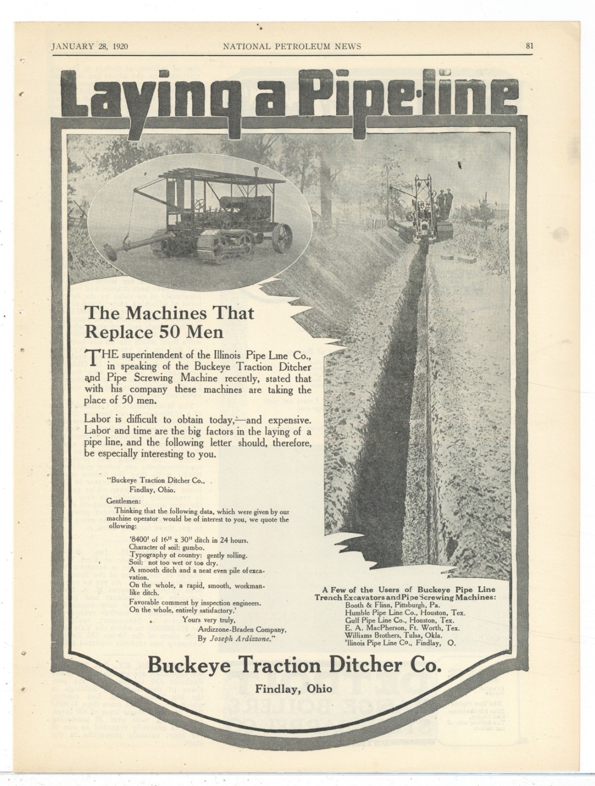 1920 Buckeye Traction Ditcher of Findlay, OhiO Ad: Machine that Replaces 50 Men