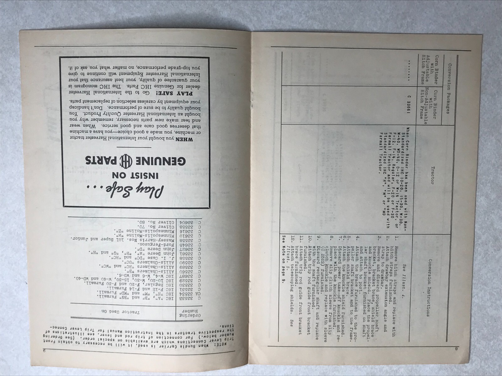 Farm Instruction Manual 1945 IH McCormick Deering Conversion Corn Binders SBG190