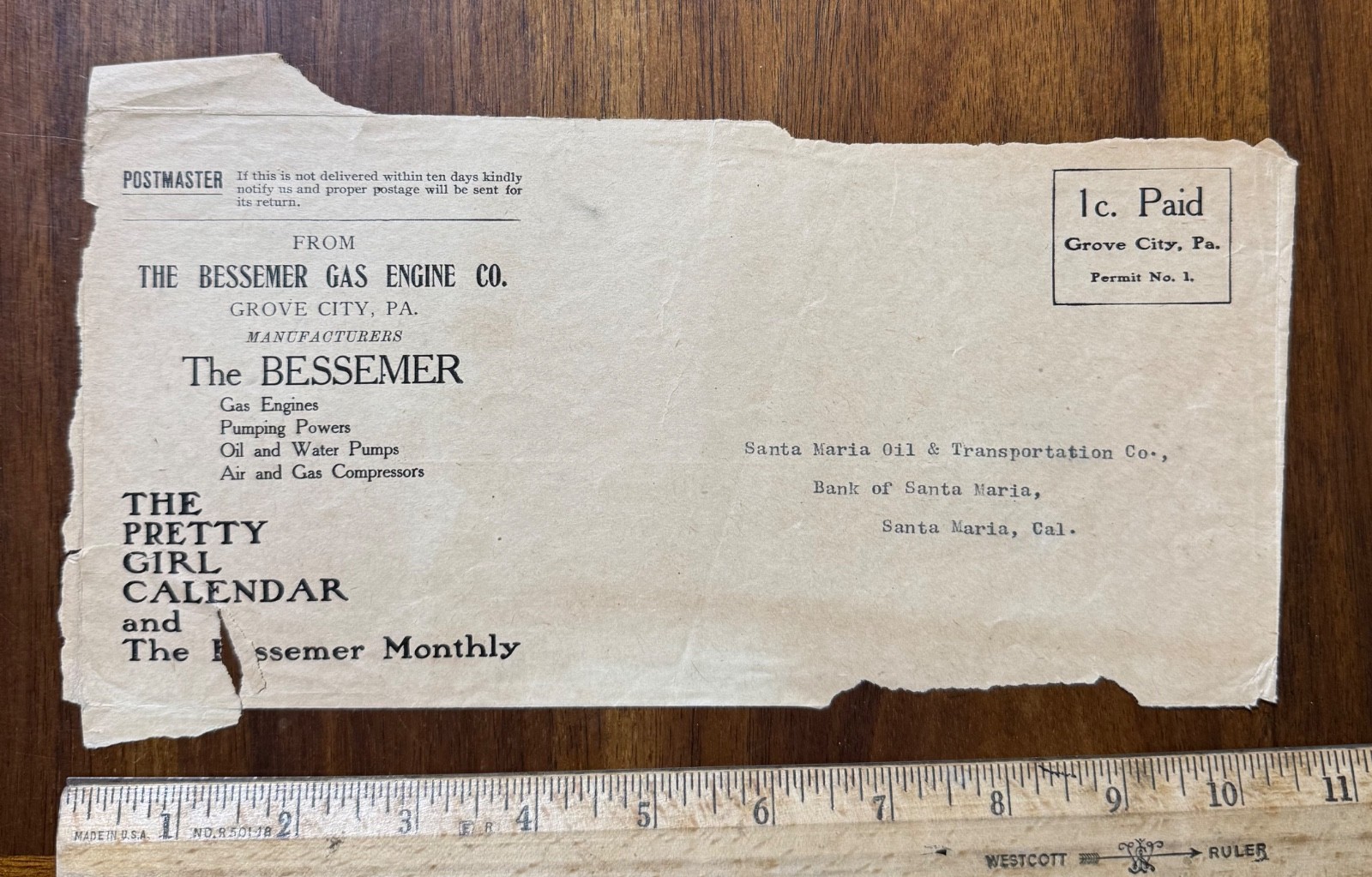 Vtg paper cover wrap Bessemer Gas Engine Co Pretty Girl Calendar Grove City PA