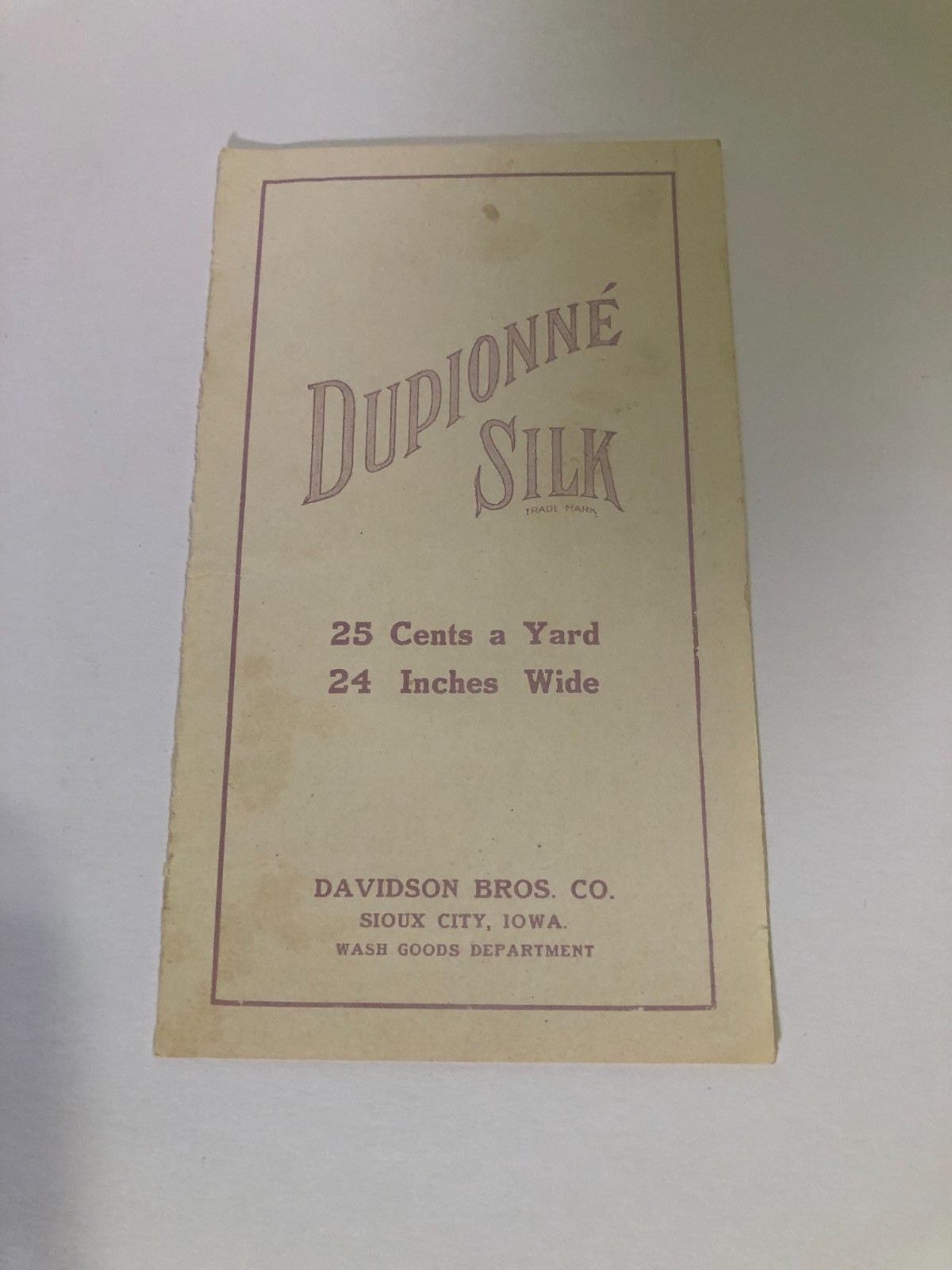 Antique Dupionne Silk samples from Davidson Bros Co Sioux City Iowa