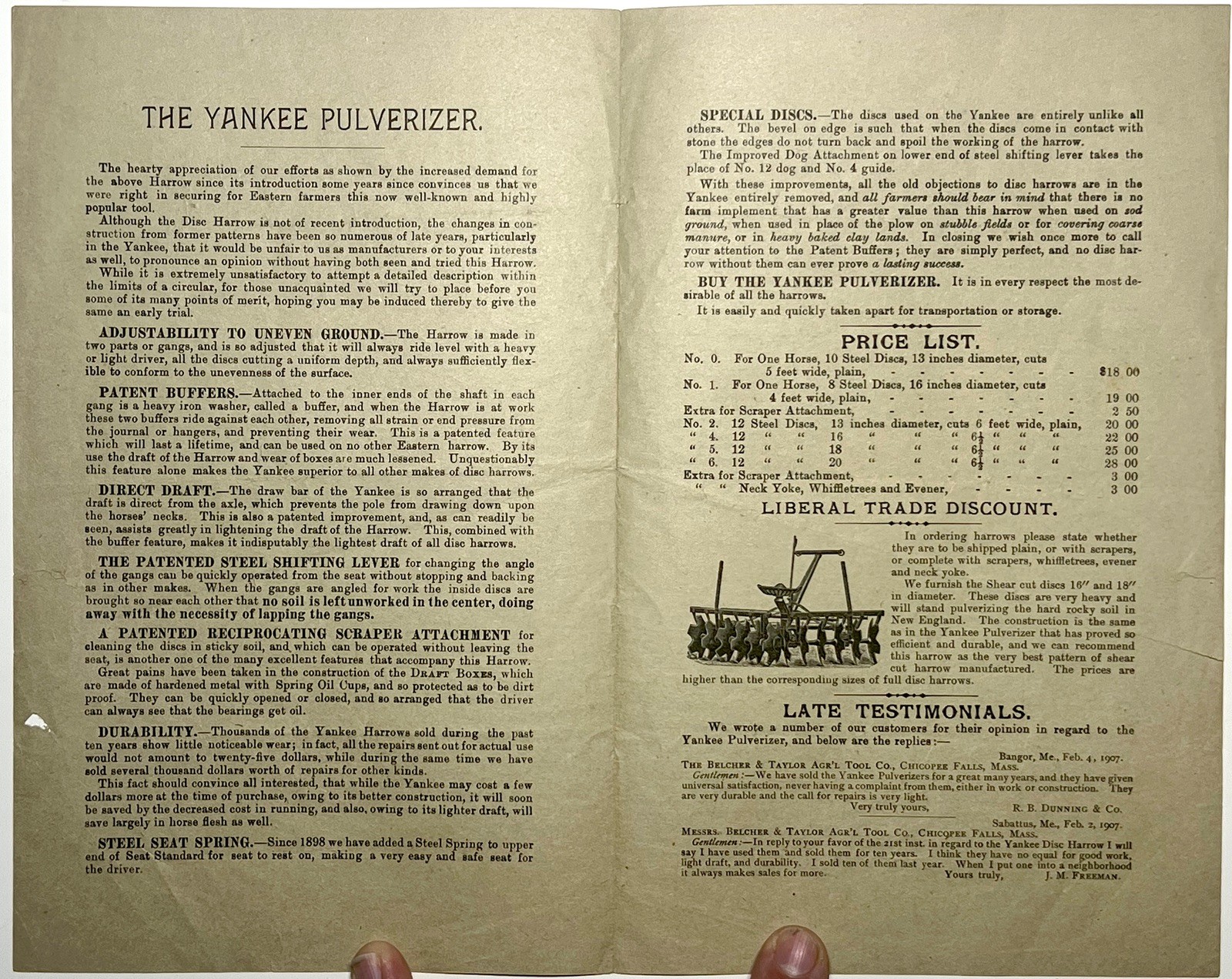 1907 YANKEE PULVERIZER BUFFER BELCHER TAYLOR DISC IMPLEMENT ADVERT BROCHURE FARM