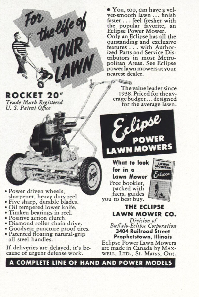 1952 Eclipse Power Lawn Mowers: For the Life of Your Lawb Vintage Print Ad