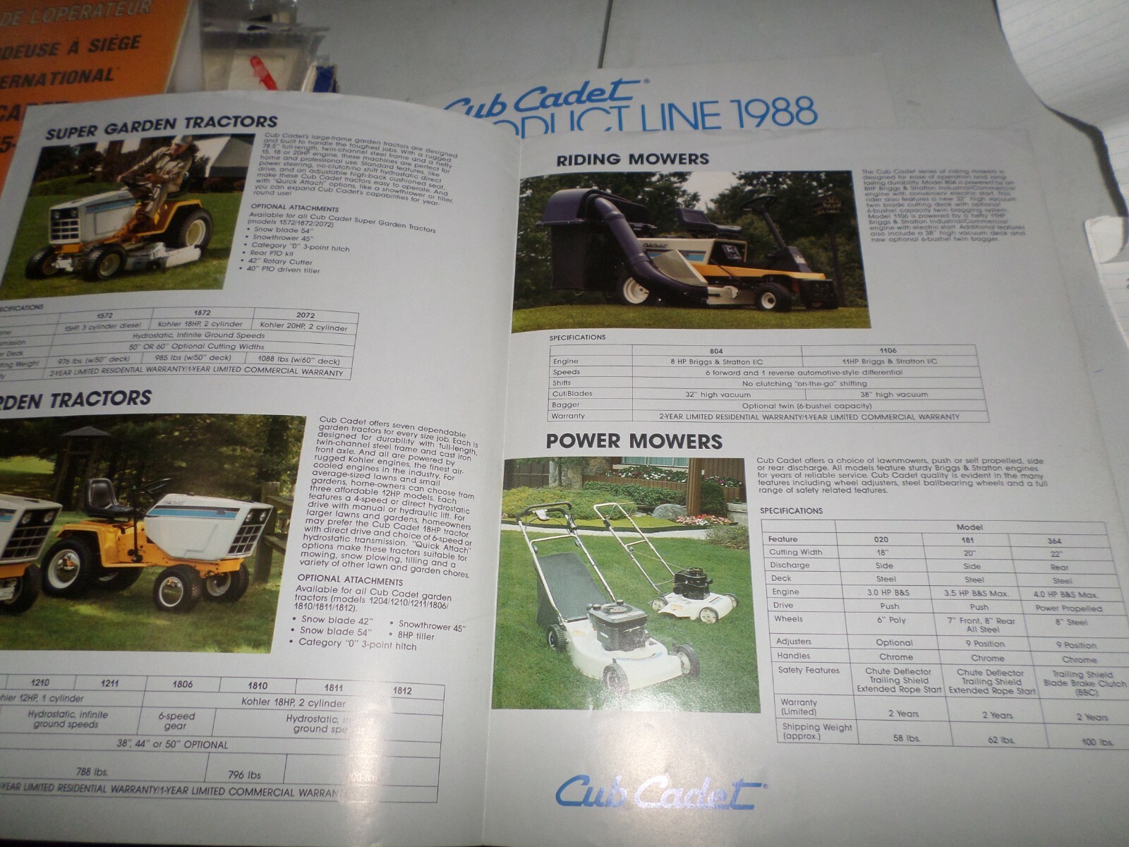 1988 CUB CADET OUTDOOR POWER EQUIPMENT Full PRODUCT LINE Dealers Sales Broch