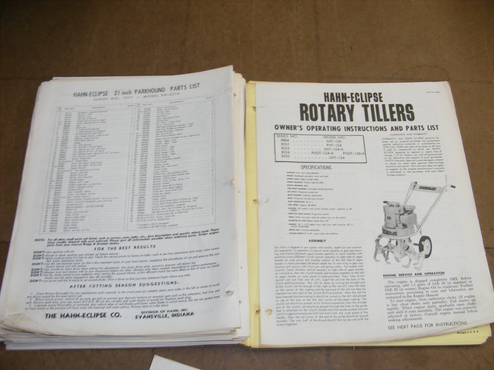 1960s Hahn Eclipse Mower Master Parts Catalog Maintenance Manual