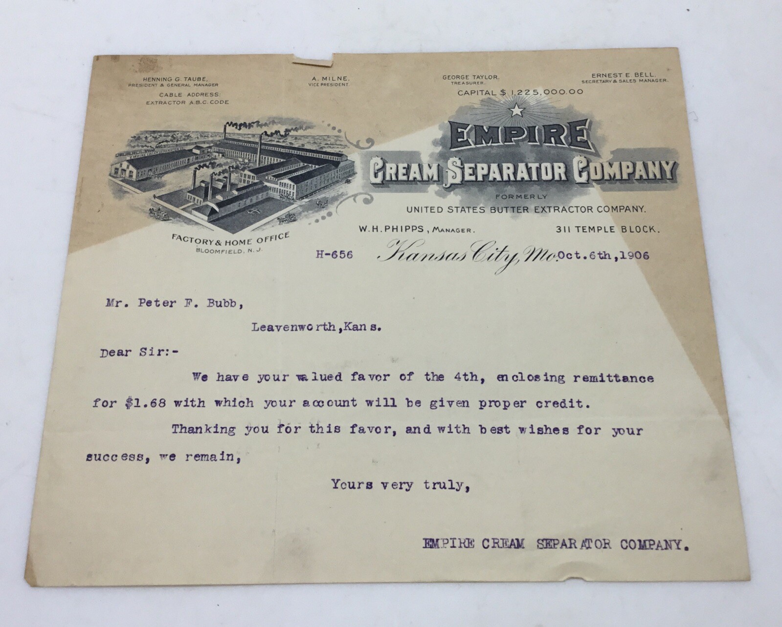 1906 Empire Cream Separator Co. Kansas City Mo. / Bloomfield NJ……..[P31]