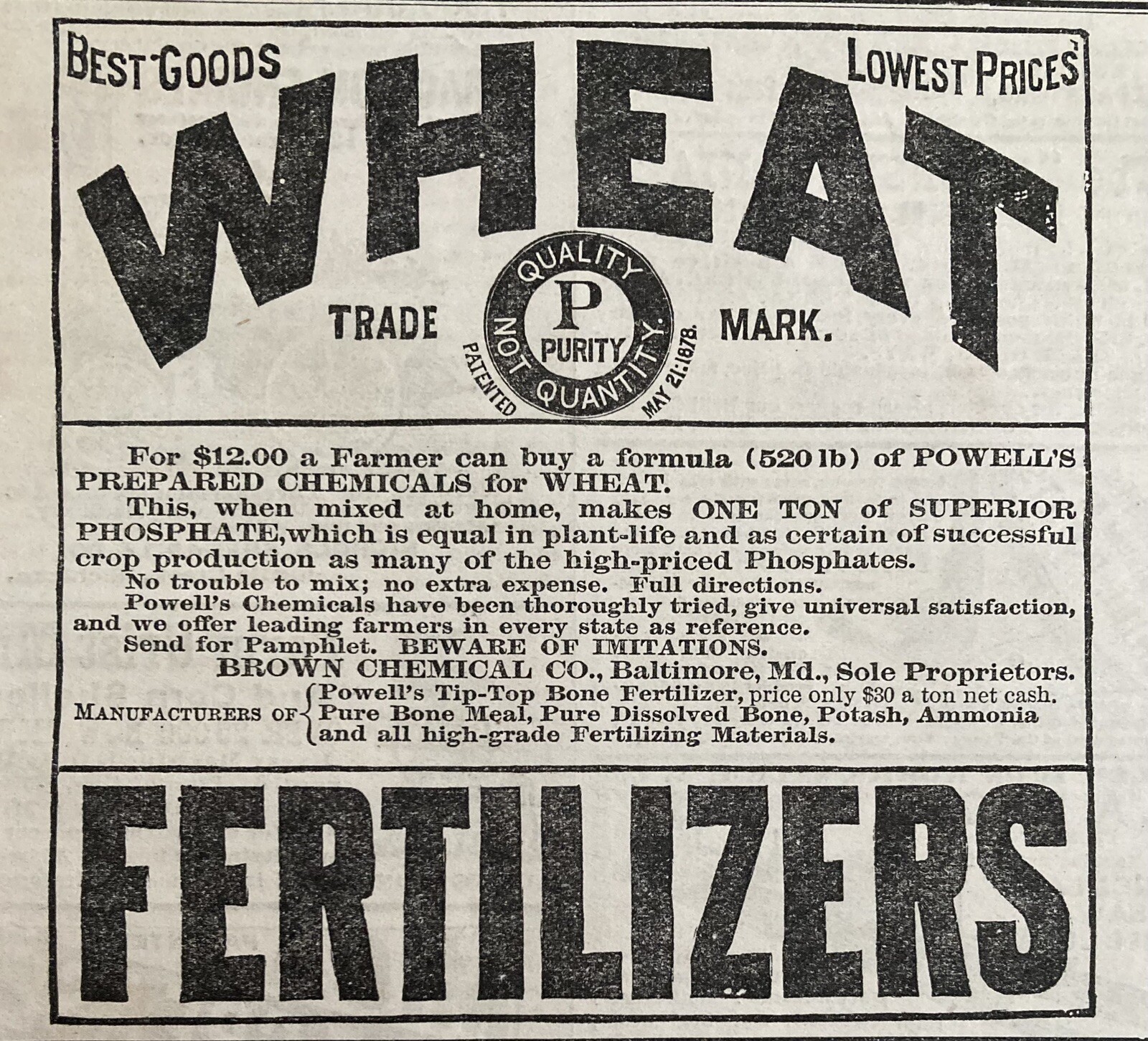 1881 AD.(XH76)~BROWN CHEMICAL CO. BALT., MD. SUPERIOR PHOSPHATE WHEAT FERTILIZER