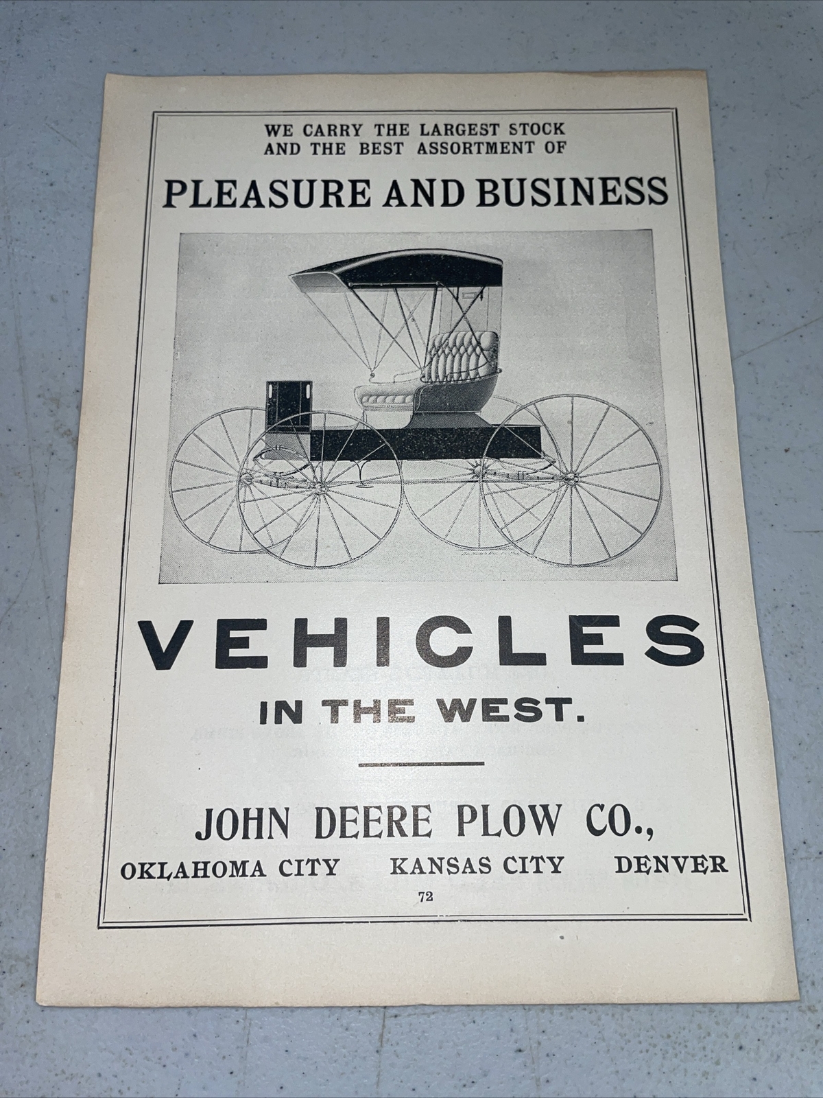ORIGINAL 1907 John Deere Plow Carriage / Buggy Farm Advertising – OKC / KC / DEN