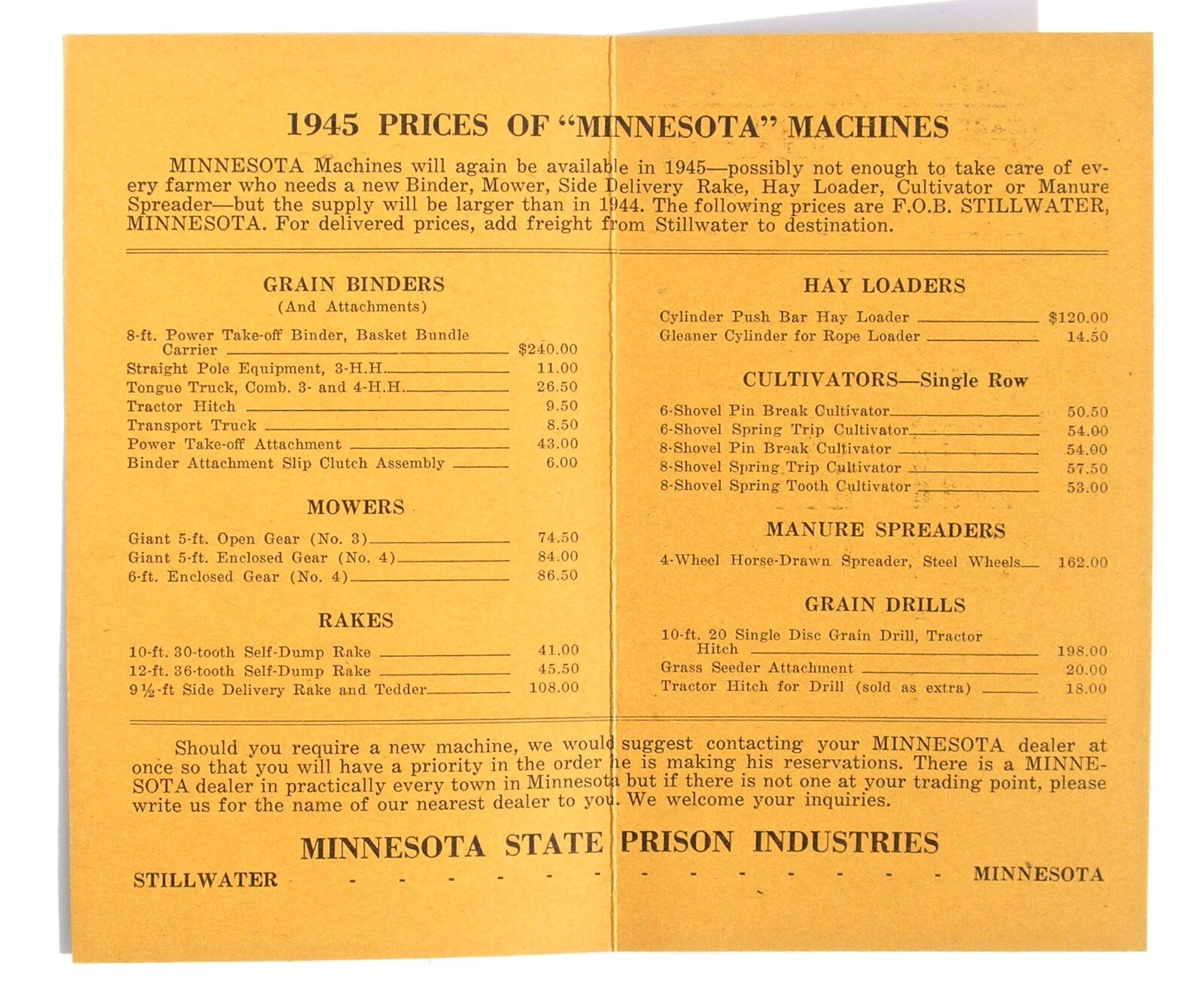 1945 Minnesota State Prison Industries 3&Prime; x 5&Prime; Price List for Farming Machines