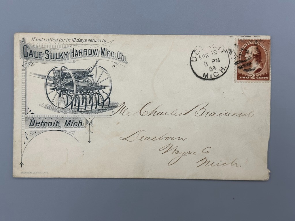 1884 GALE SULKY HARROW Advertise Illustrated POSTAL COVER Farm Machinery DETROIT