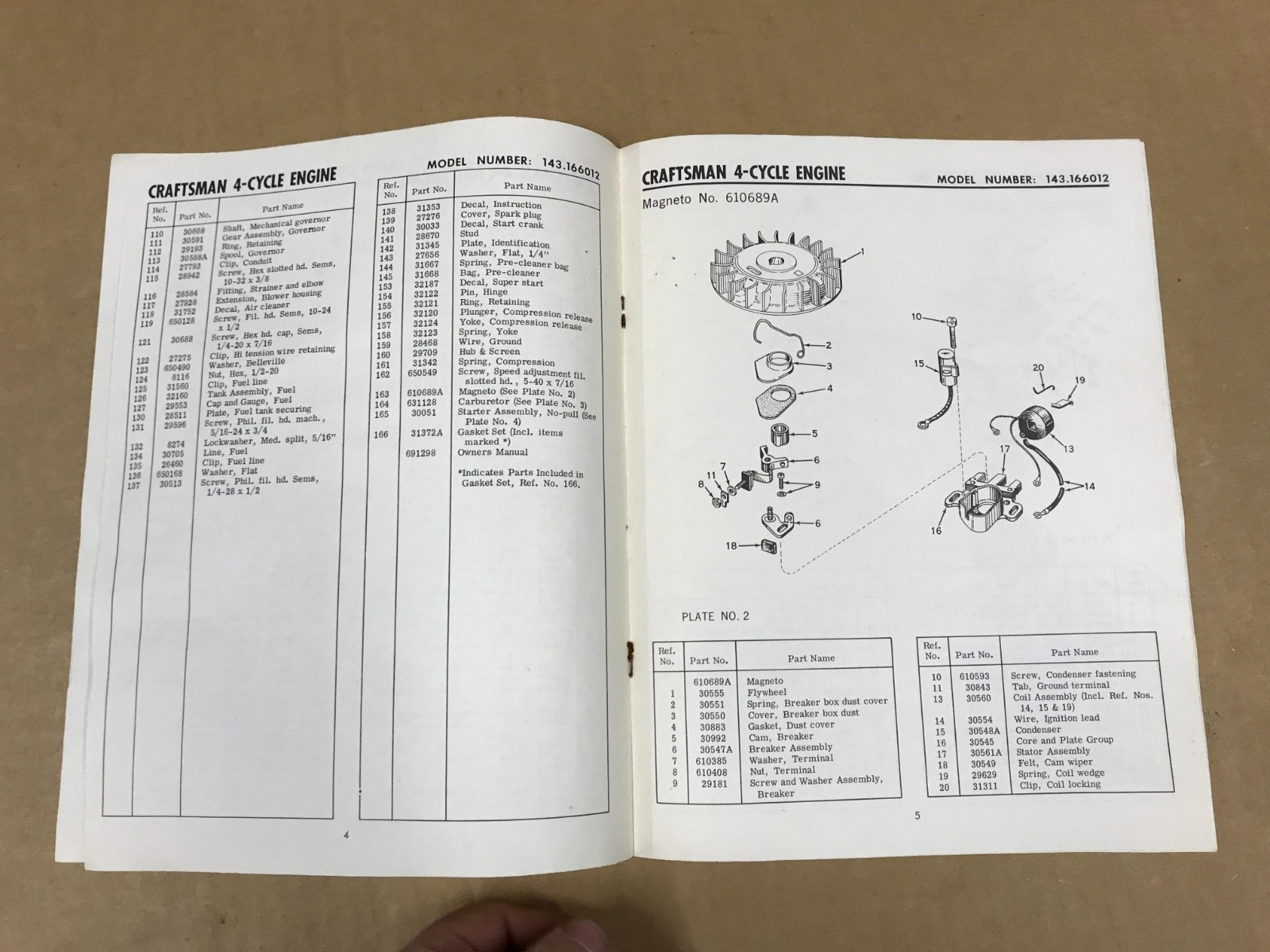 Vintage Sears Craftsman Engine Owner&rsquo;s Manual – Model 143.166012, Form 691298