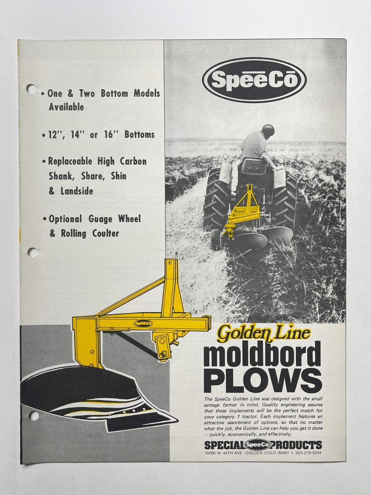 1976 SpeeCo Golden Line Moldbord Plows Sales Brochure *Showroom Sales Book*