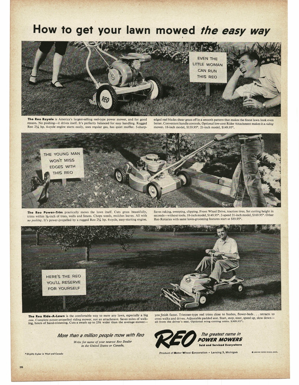 1956 REO Power Lawn Mower Royale Power Trim Ride-A-Lawn Vintage Print Ad