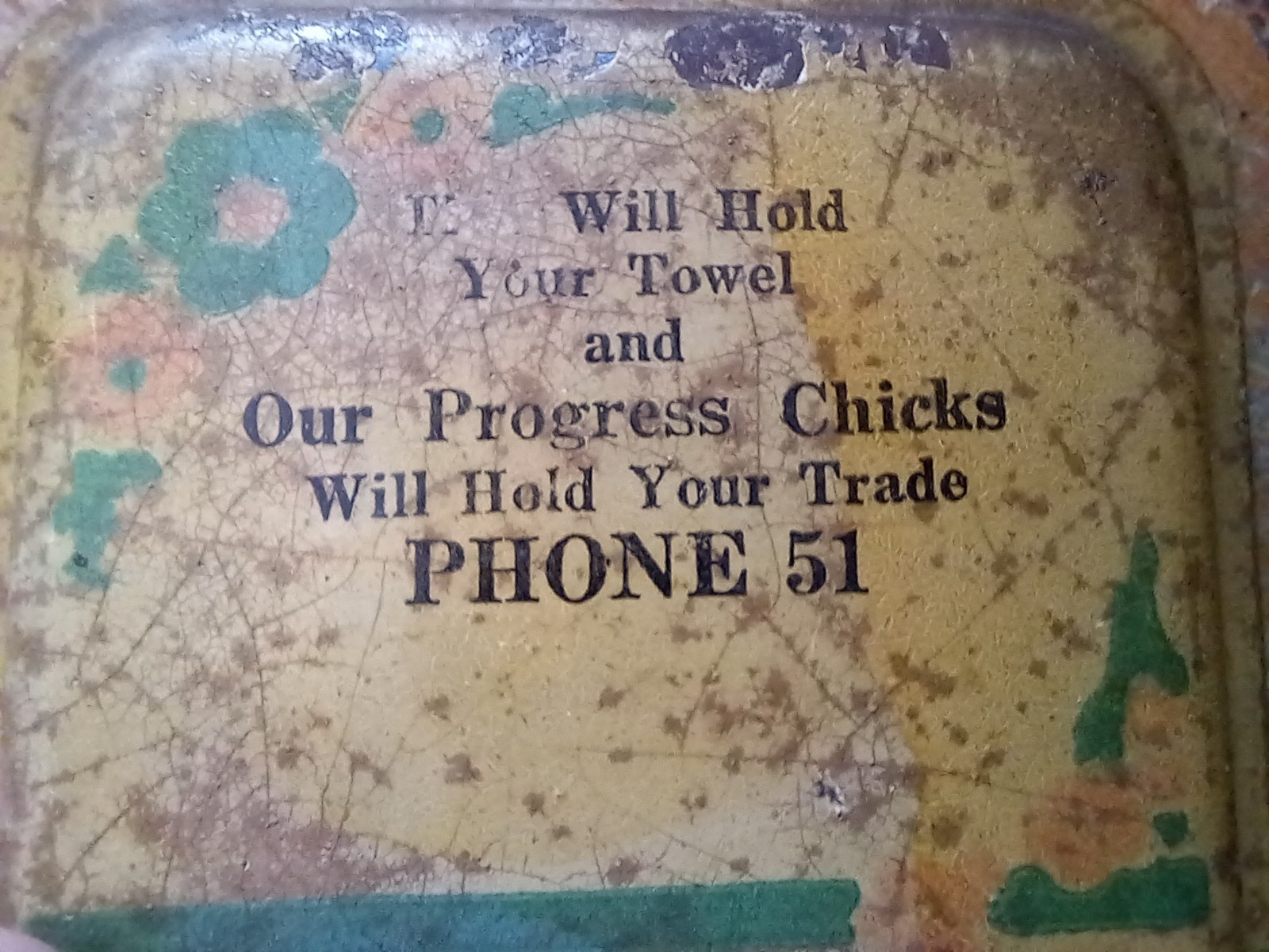 1930s Hatchery Advertising Towel Holder  » Progress Chicks Will Hold Your Trade »