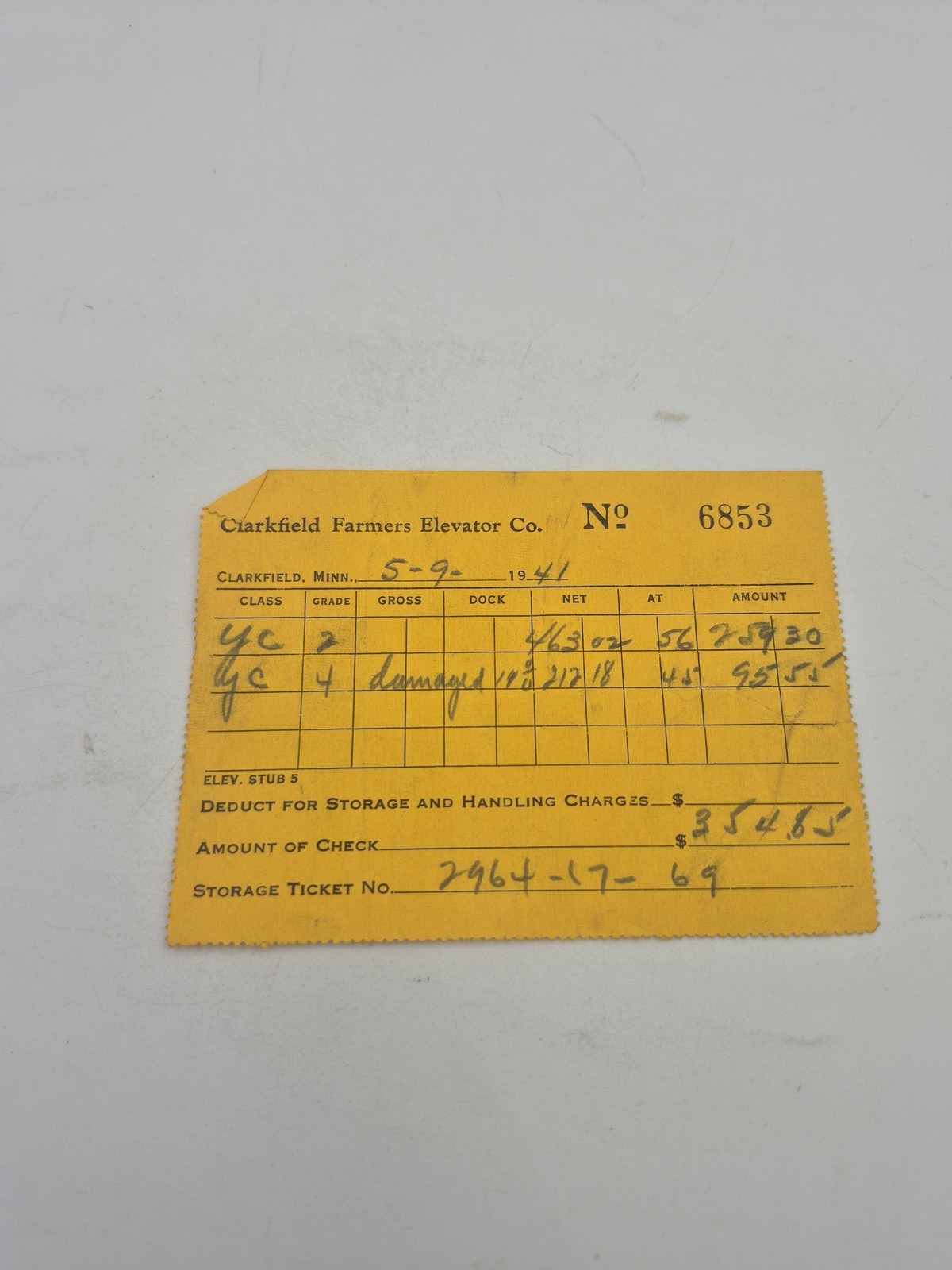 Vintage 1941 Clarkfield Farmers Elevator Co. Grain Storage Ticket MN Antique