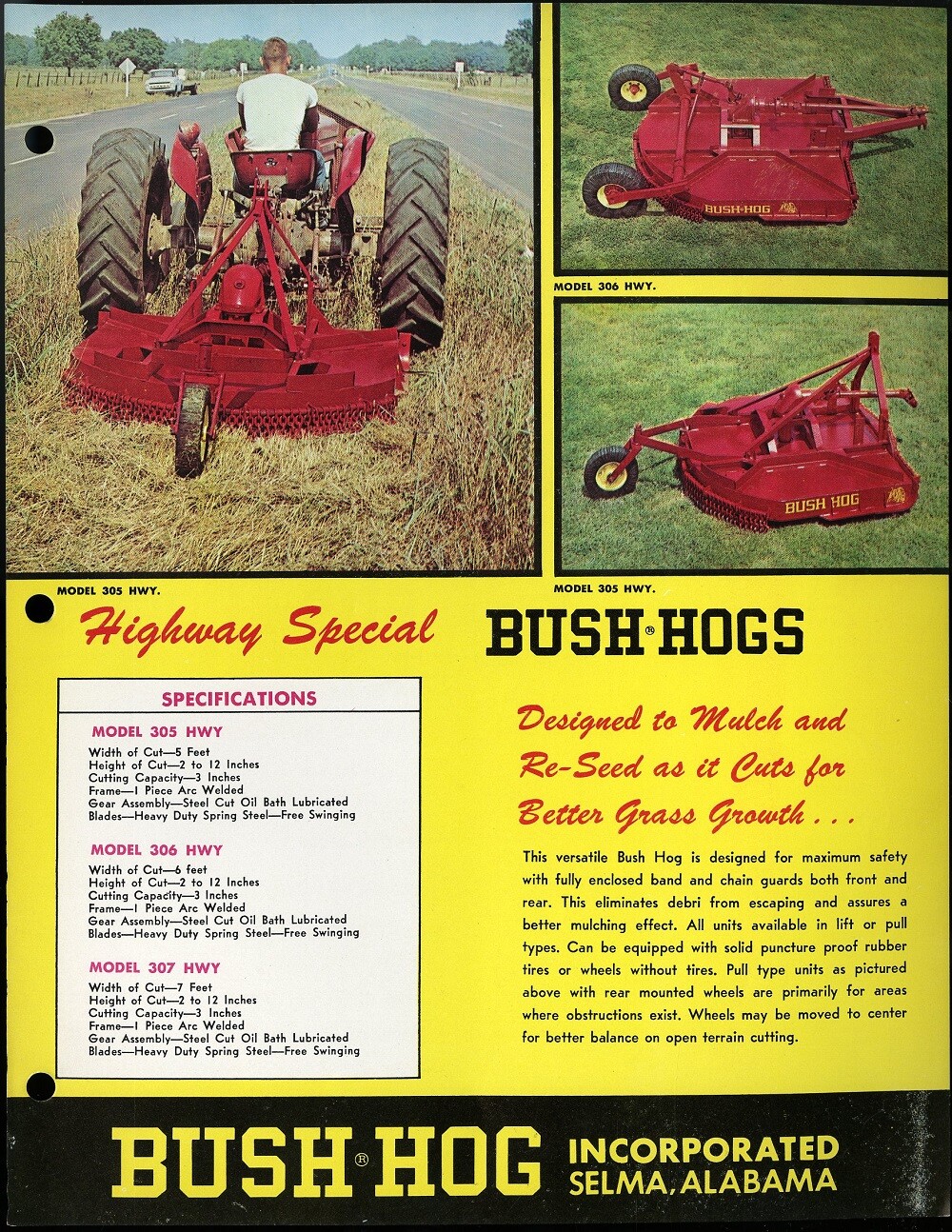 Vintage BUSH-HOG EXTRA HEAVY DUTY HIGHWAY MODELS 305 306 and 307 Spec Sheet