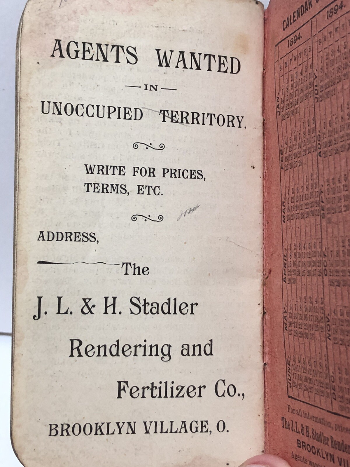 Rare Antique 1894 J L and H STADLER RENDERING CO Note Pad BROOKLYN VILLAGE OHIO