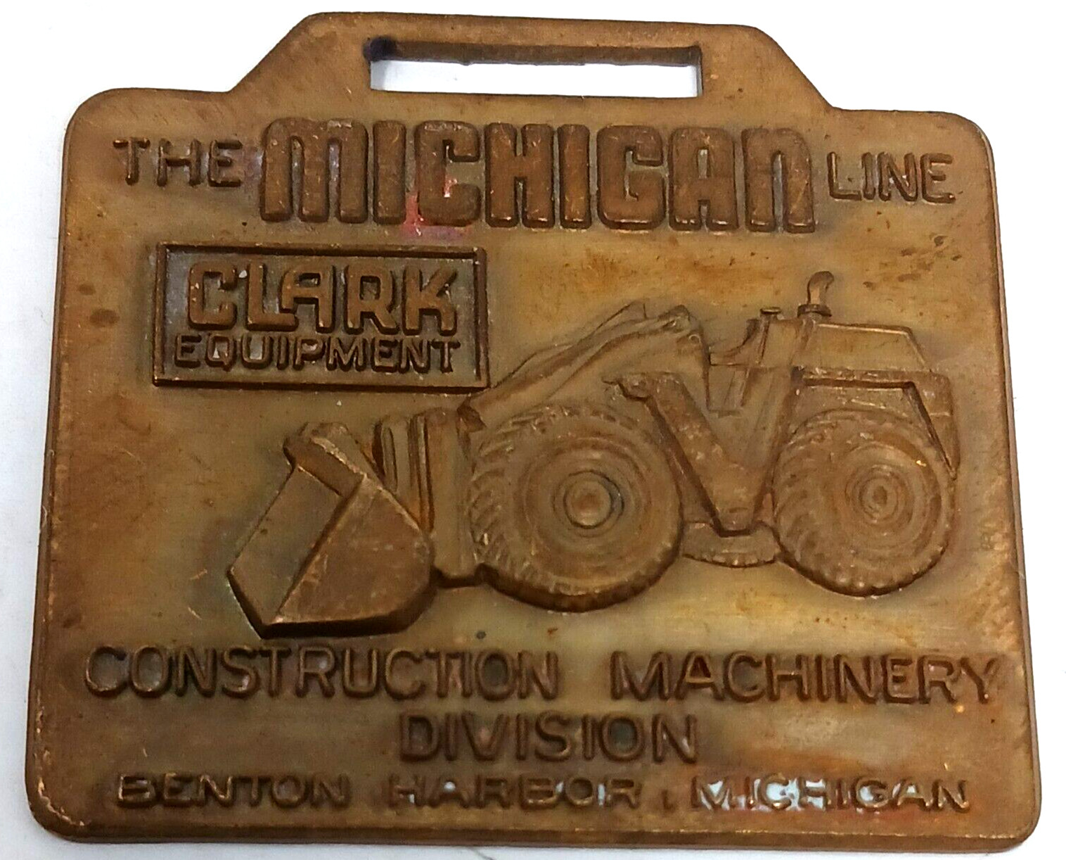 CLARK Equipment Watch Fob MICHIGAN Line Tractor Brass Key Benton Harbor VTG #J-8