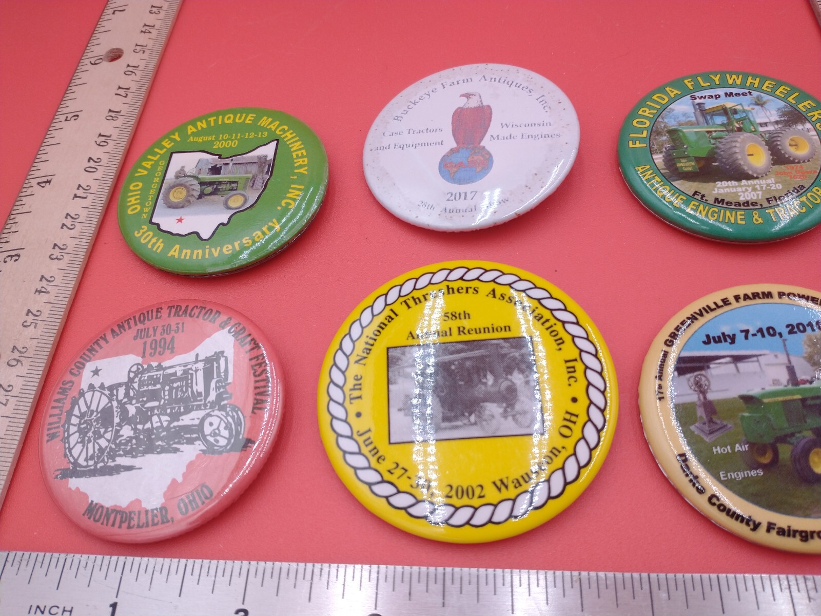 Lot of 6 various pinback buttons. Threshers, antique farm, tractors, Ag #1380