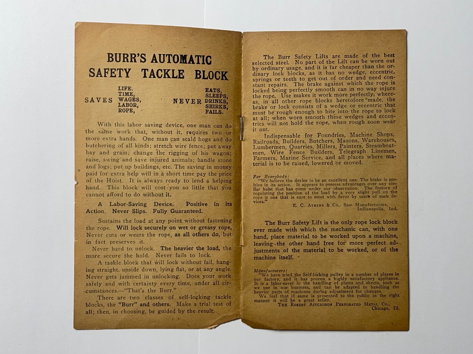 Antique Early 1900s The Burr Self-Locking Tackle Block Sales Brochure – Chicago