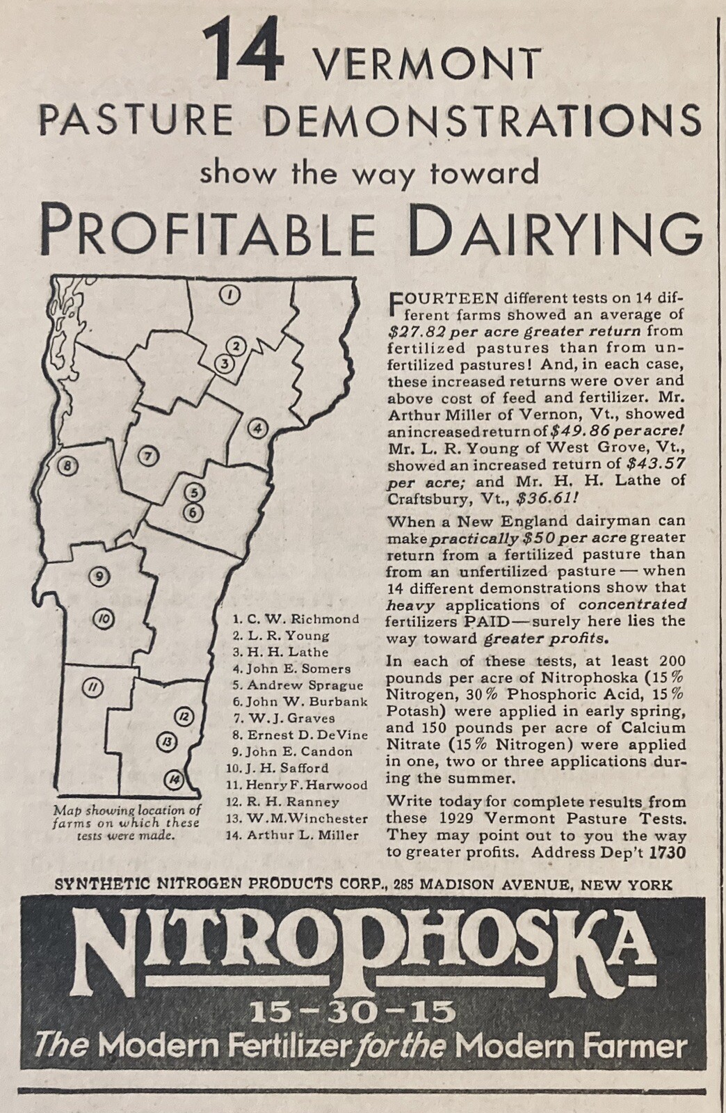 1930 AD.(XH67)~VERMONT DAIRY FARMS PASTURES USING NITROPHOSKA FERTILIZER