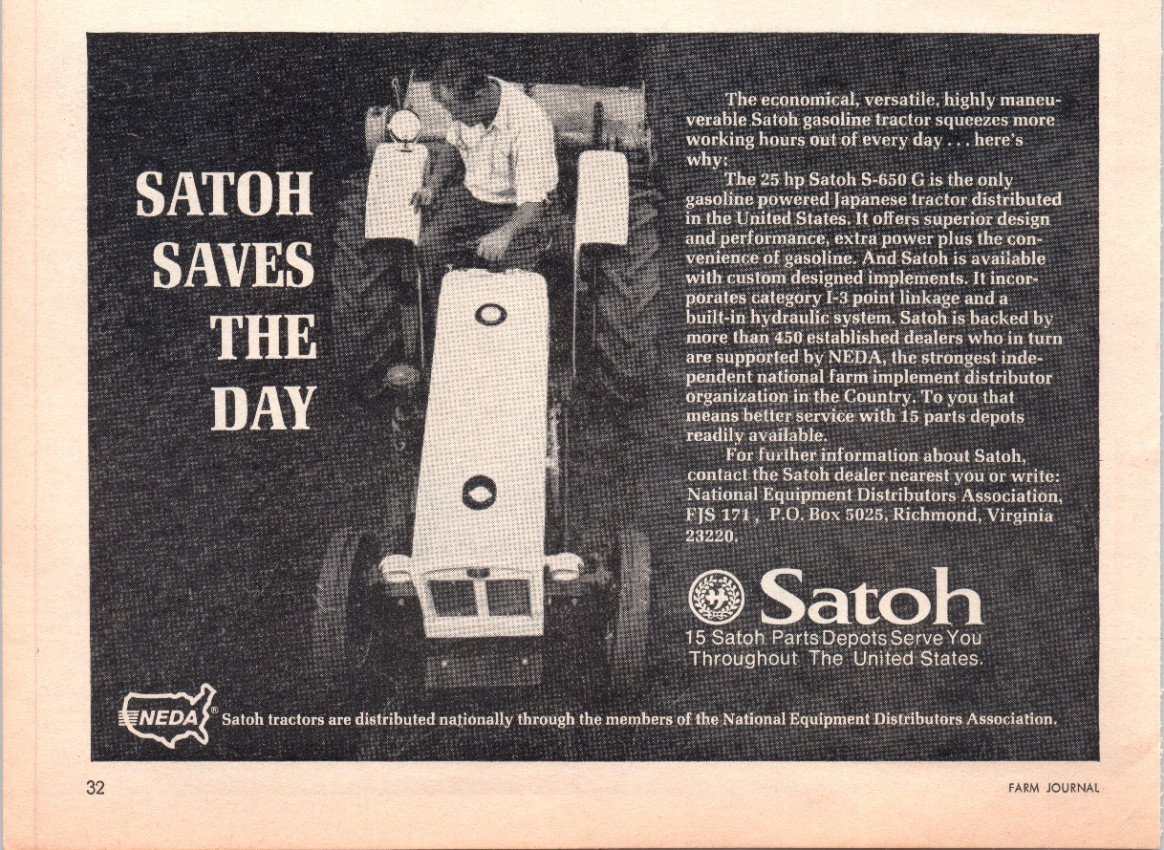 1971 Satoh S-650 Gasoline Japanese Tractor 70&rsquo;s Vintage Print Ad