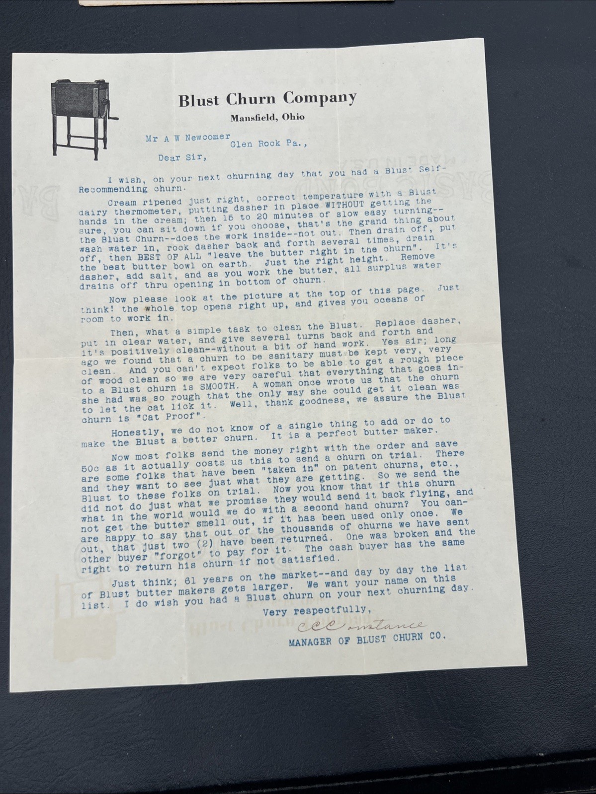1923 Blust Butter Churn Company Letterhead & Envelope