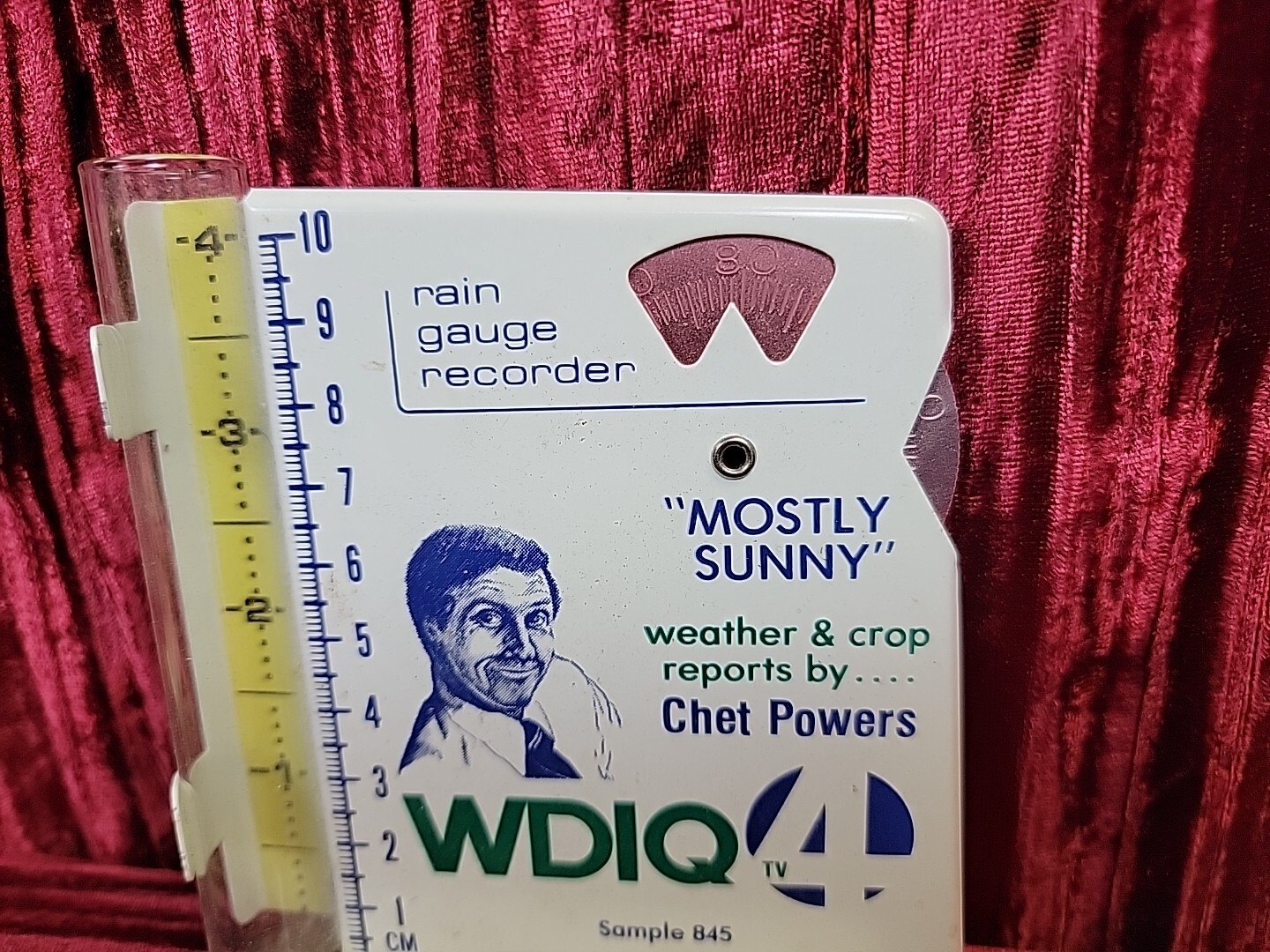 ADVERTISING RAIN GAUGE RECORDER WDIQ CHANNEL 4 CHET POWERS NEWS SUNNY WEATHER