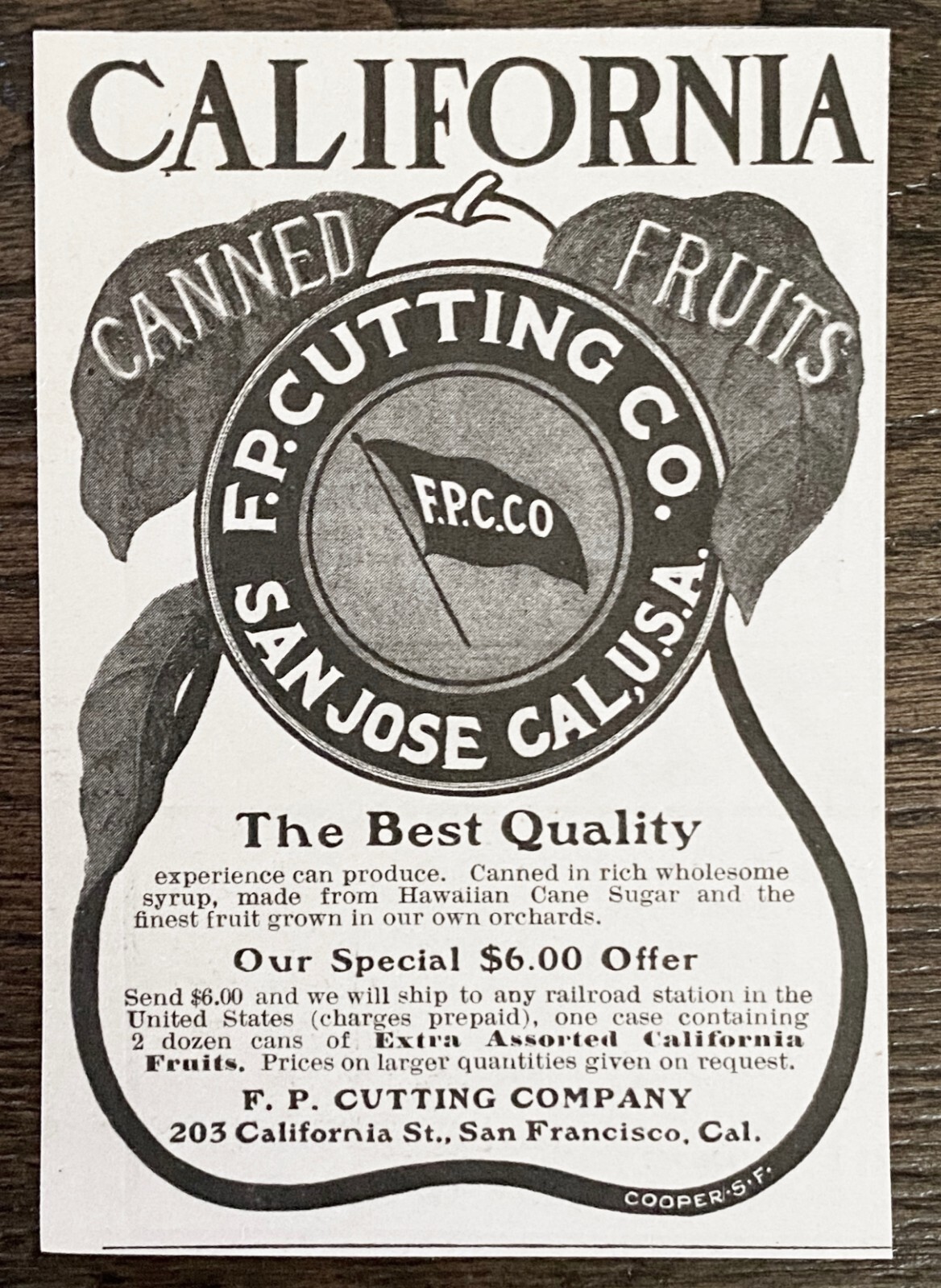 Antique 1904 Print Ad~CALIFORNIA CANNED FRUITS F.P.Cutting Co.San Jose Pear Logo