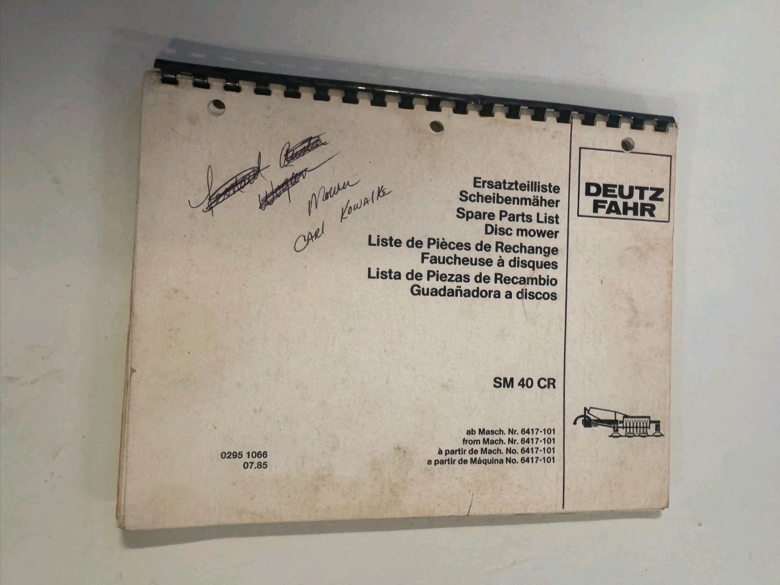 Deutz Fahr SM 40 CR Spare Parts List 1985