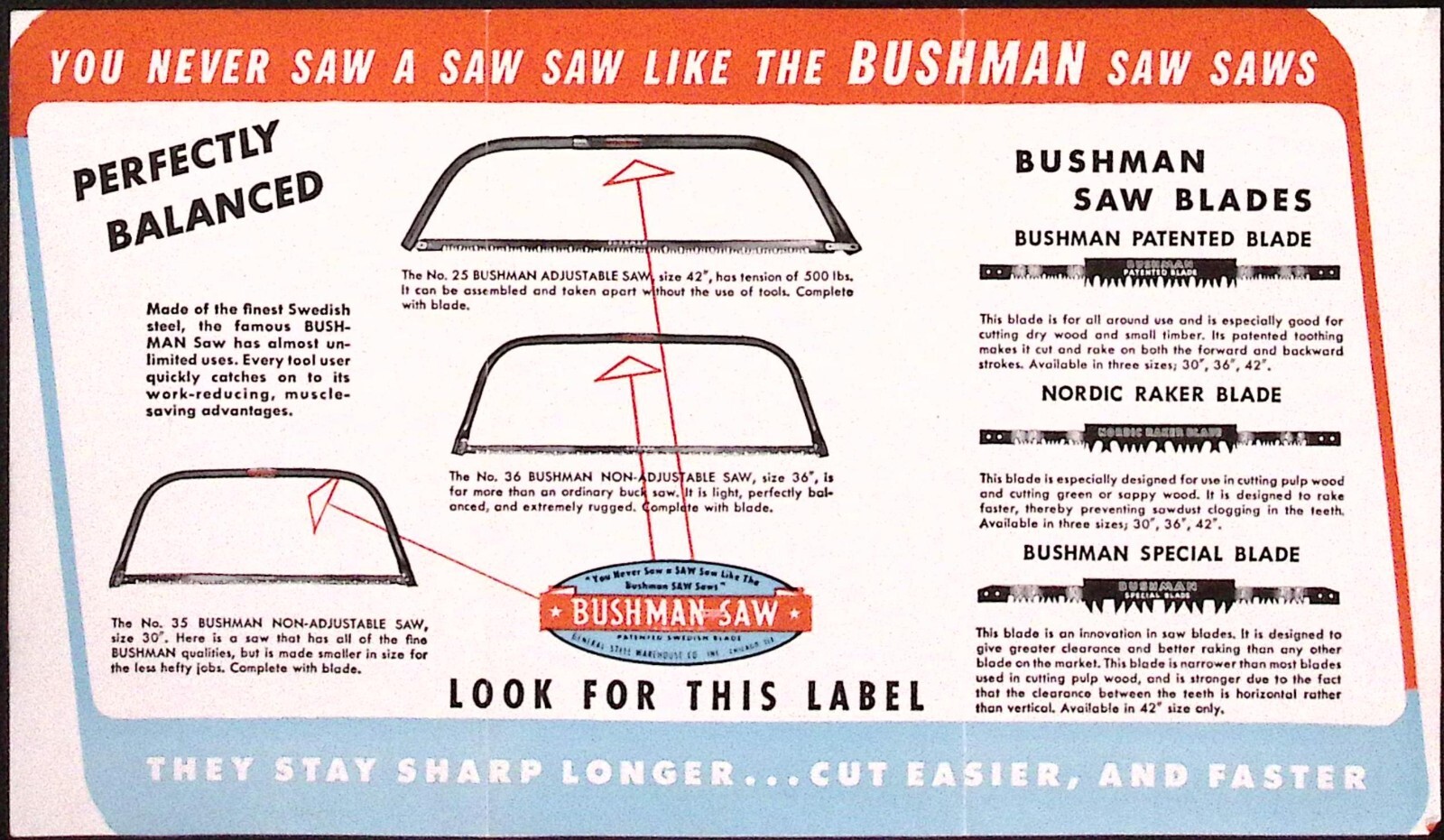 1952 Bushman Patented Swedish Steel Saws Dealer Brochure Frost Insecticide Co