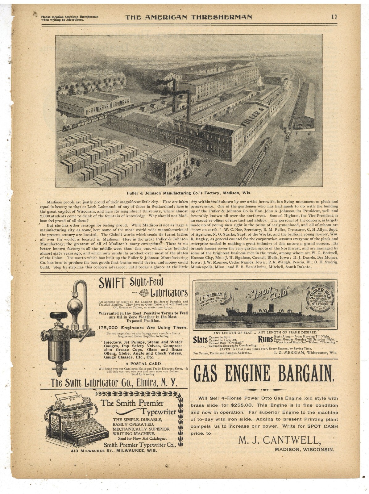 1898 Fuller & Johnson Company Story & Pic: Madison Wisconsin Works & Biography
