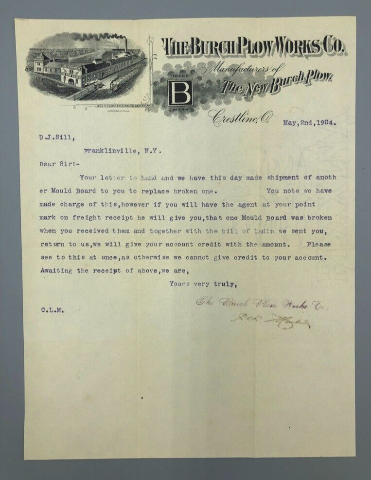 1904 BURCH PLOW WORKS Co Letterhead Antique Farm Advertising CRESTLINE OHIO