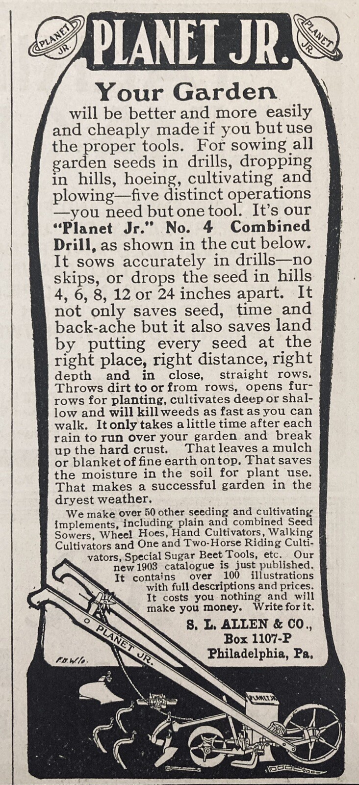 1903 AD.(XH63)~S. L. ALLEN CO. PHIL., PA. PLANET JR. NO.4 COMBINED DRILL
