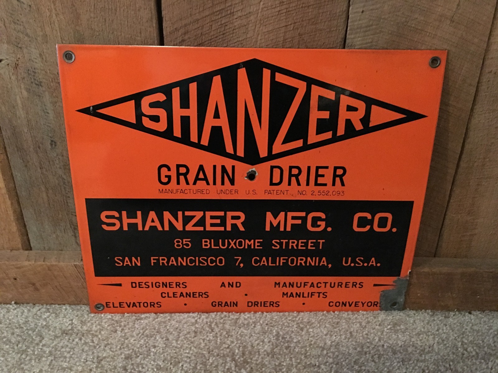 Vintage Shanzer Porcelain Crop Grain Dryer San Francisco CA Farm Ag Sign