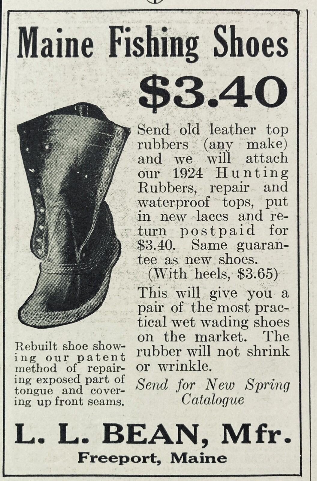 1924 AD(XF6)~L. L. BEAN MFG. CO. FREEPORT, MAINE. MAINE FISHING SHOES