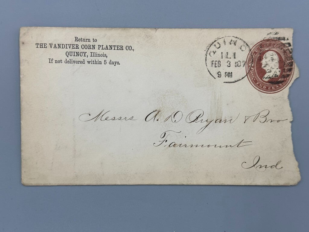 1887 VANDIVER CORN PLANTER Farm Advertising Postal Cover Invoice QUINCY Illinois