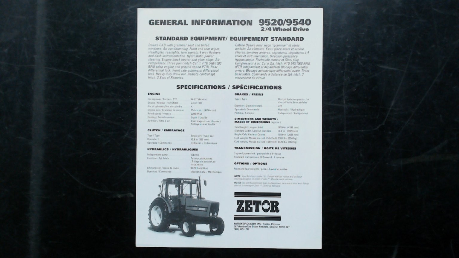 Zetor 9520/9540 Tractor Brochure 2/4 Wheel Drive Vintage Agriculture