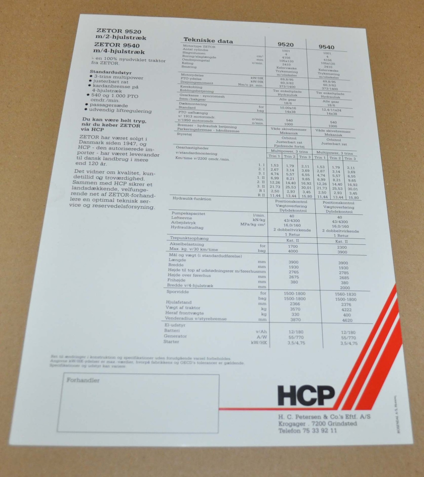 Zetor 9520 9540 Tractor Specification Brochure Prospekt DK