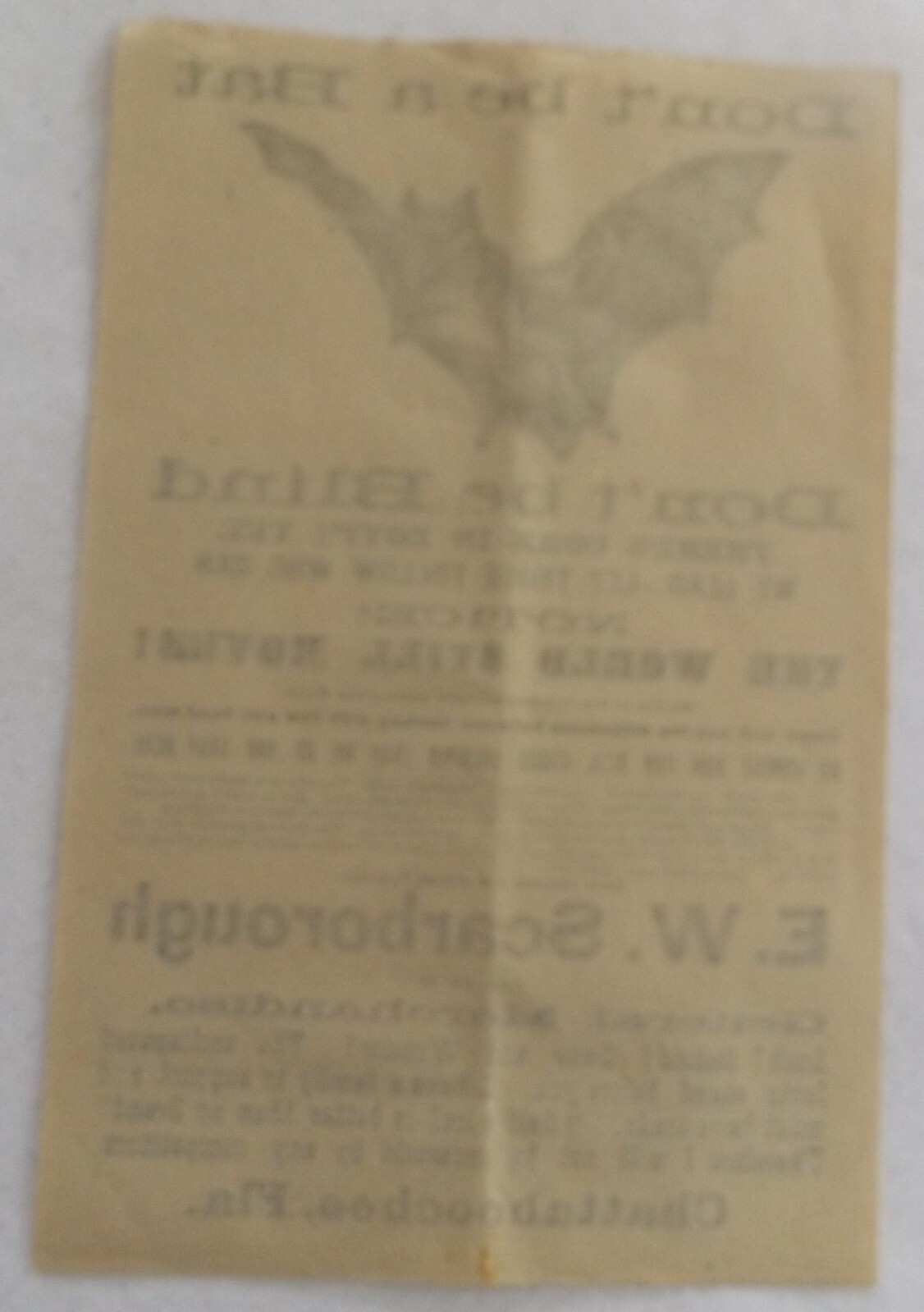 Great « Bat » Early Advertising Broadside Scarborough Store Chattahoochee Florida