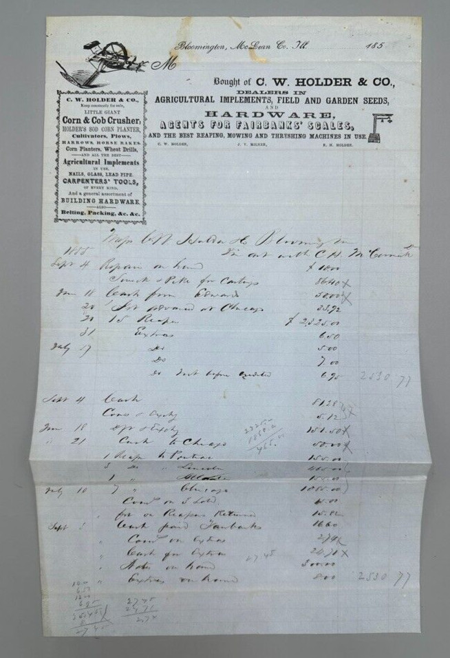 1855 CW Holder FARM Machinery IMPLEMENTS Advertising Ephemera BLOOMINGTON IL
