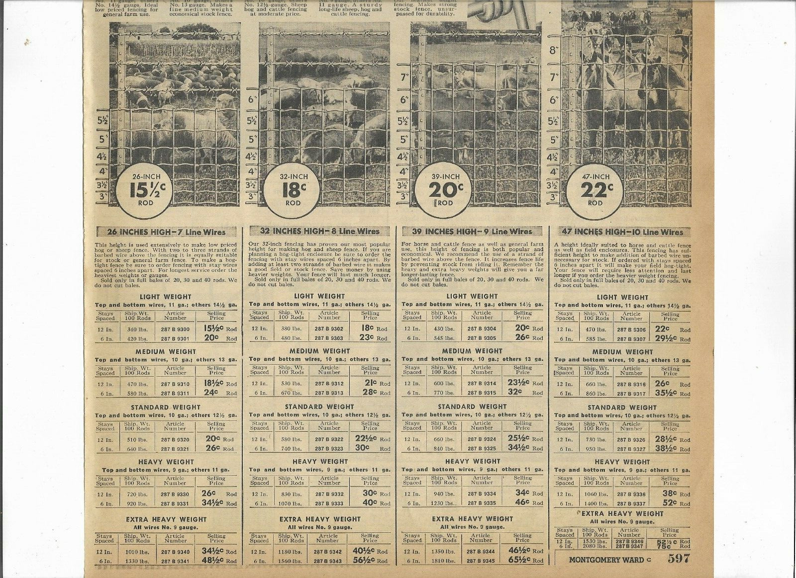 1936 Wards Catalog Ad Page CATTLE BARBED WIRE AJAX HOG FENCING HINGE JOINT