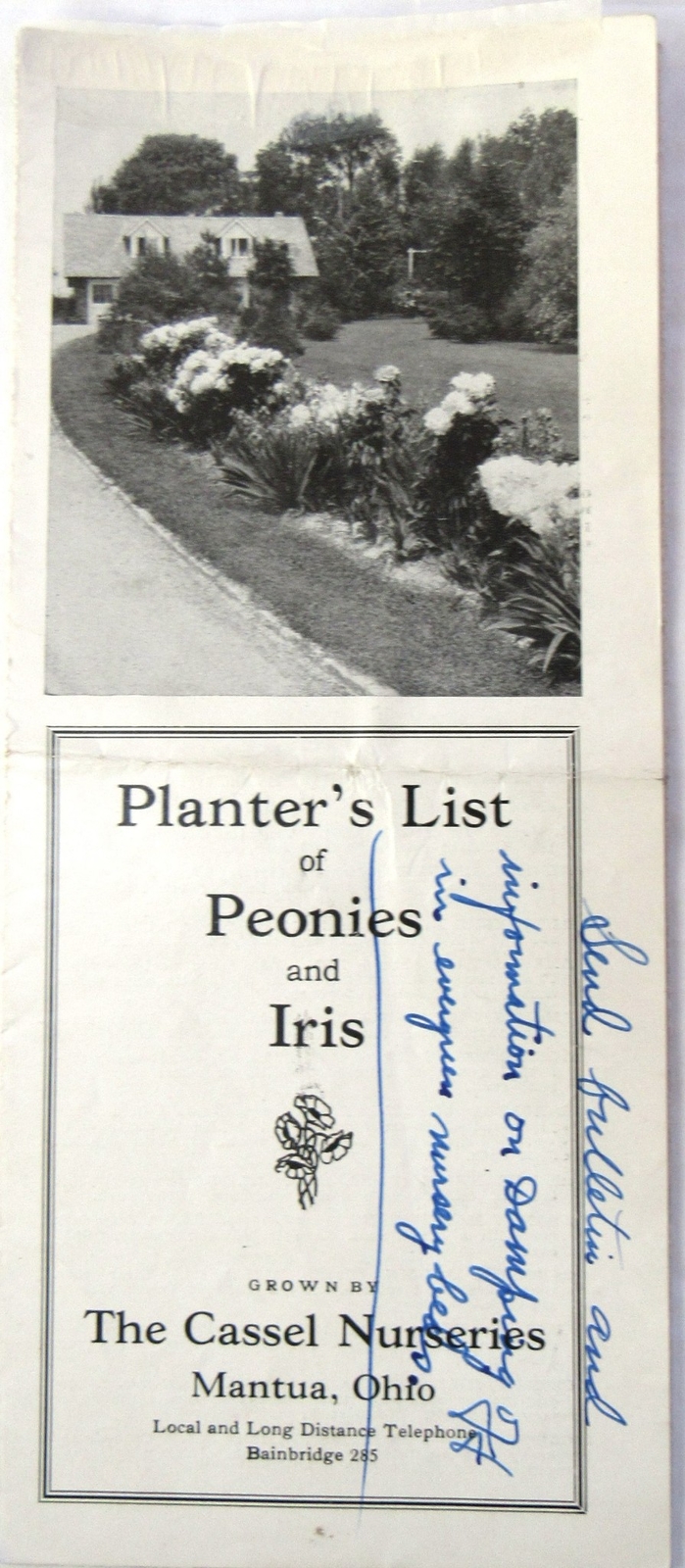 c1920 Planter&rsquo;s List Peonies Iris FLowers Cassel Nurseries Mantua Ohio Ad Order