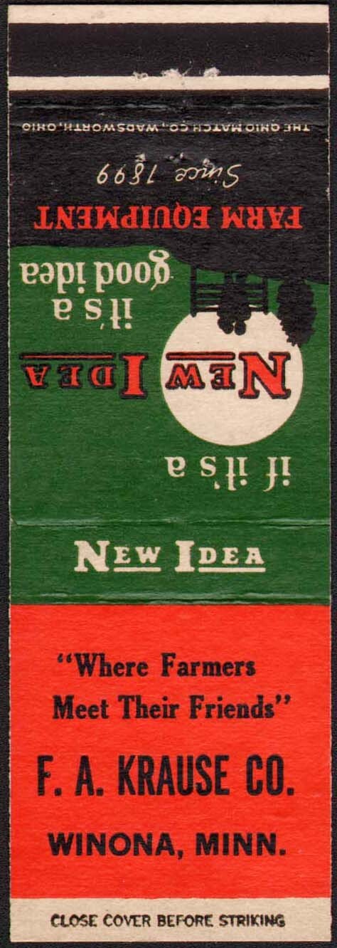 Vintage matchbook cover NEW IDEA FARM EQUIPMENT F A Krause Winona Minnesota nrmt