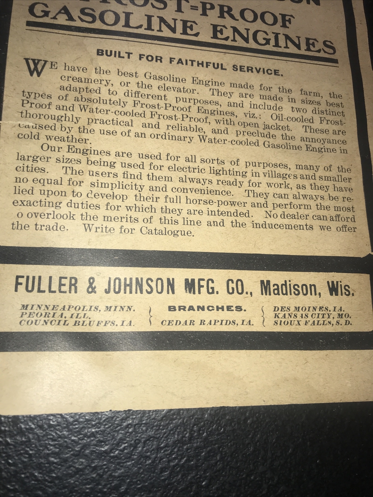 1908 Fuller & Johnson Gasoline Engines Farm Advertising – Madison – Wisconsin