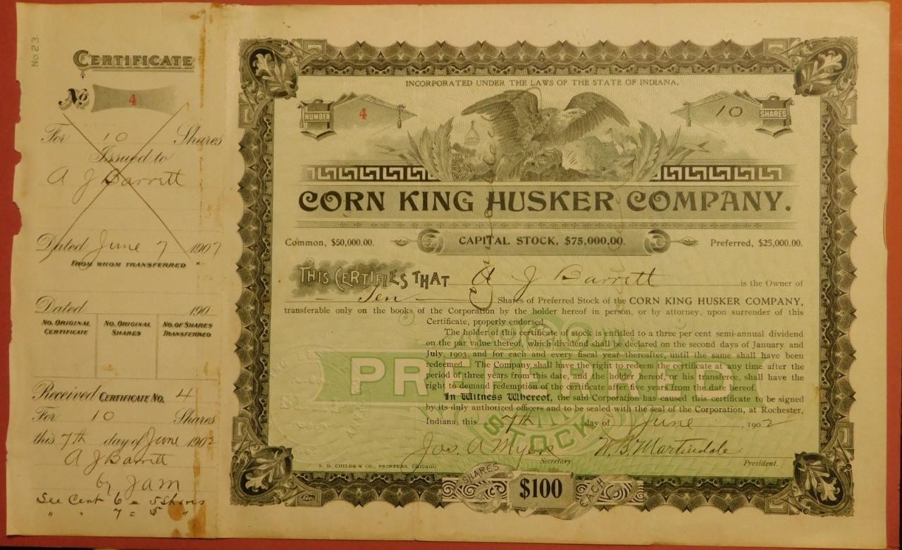 Corn King Husker Co. Rochester Indiana Stock Certificate No. 4 1902 (Shelf-4