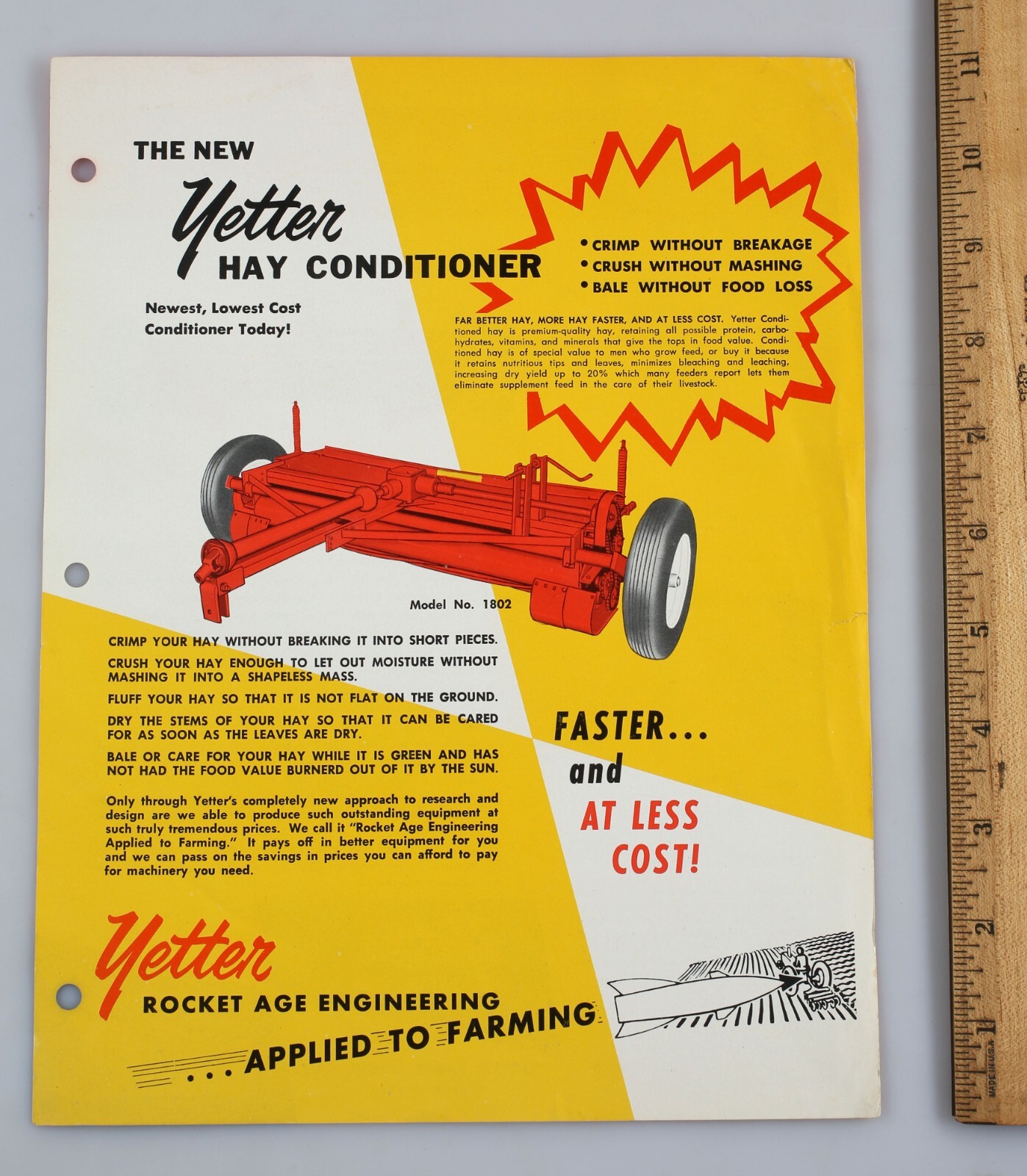 Vintage 1962 Yetter Hay Conditioner Farm Equipment 1 Page Flyer Colchester IL